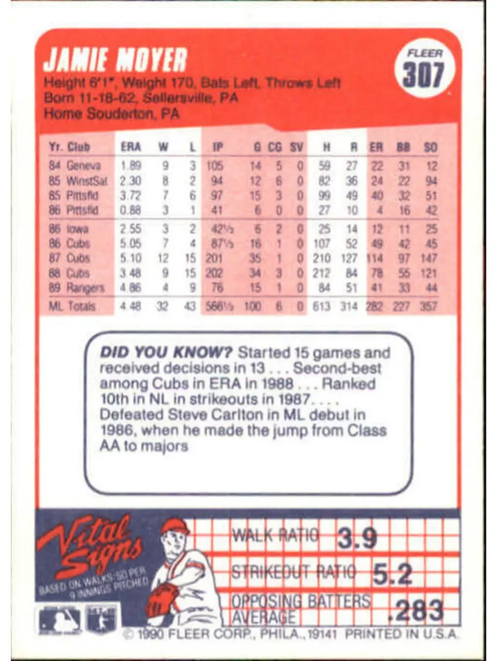 1990 Jamie Moyer Fleer Baseball Card #307